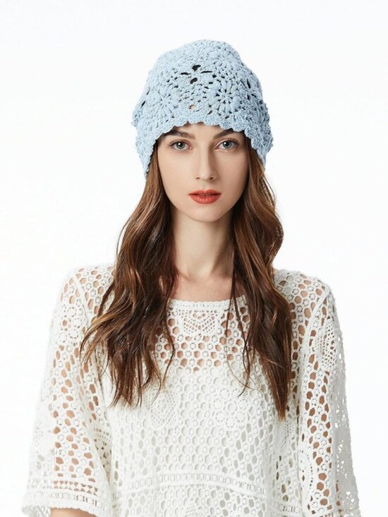 Women\'s Cotton Crochet Slouchy Beanie Hat Knit Summer Skull Cap Solid Blue main image 4